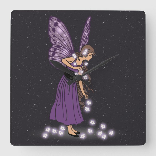 Glowing Star Flowers Söt Lila Fairy Girl Fyrkantig Klocka (Framsida)