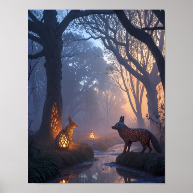 Glowing Twilight Forest with Wooden Animals Poster (Framsidan)