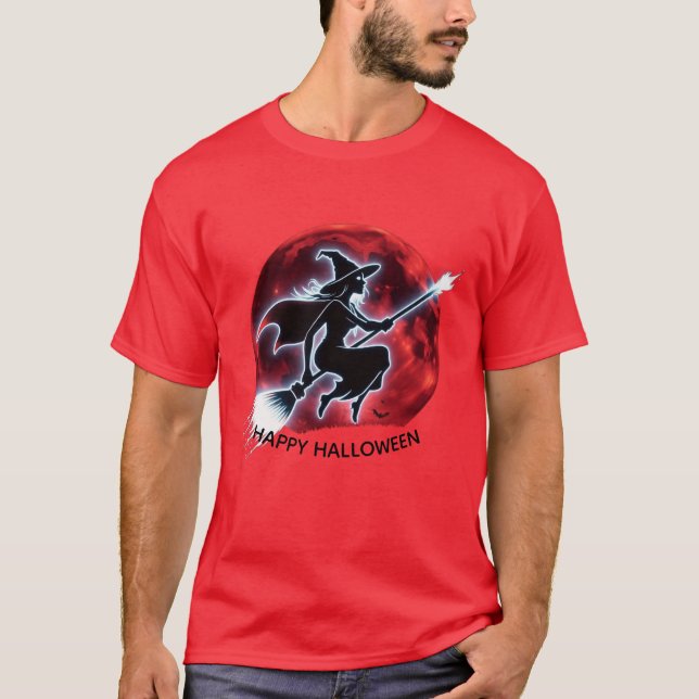Glowing Witch Flies Red Måne Manar T Shirt (Framsida)