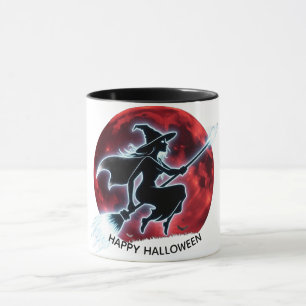 Glowing Witch som flyger över Red Måne Halloween M Mugg