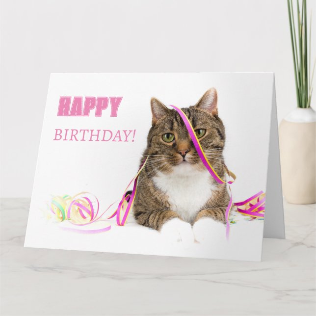 Glückwunschkarte Katze mit Luftschlangen Kort (Framsida)