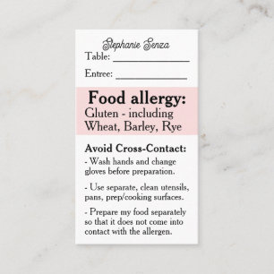 Gluten Allergy Restaurant Card, Celiac Food Safety Visitkort