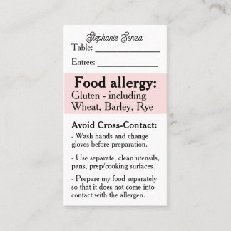 Gluten Allergy Restaurant Card, Celiac Food Safety Visitkort