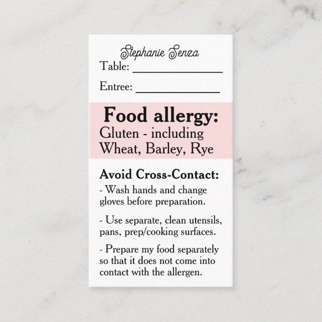 Gluten Allergy Restaurant Card, Celiac Food Safety Visitkort (Framsida)