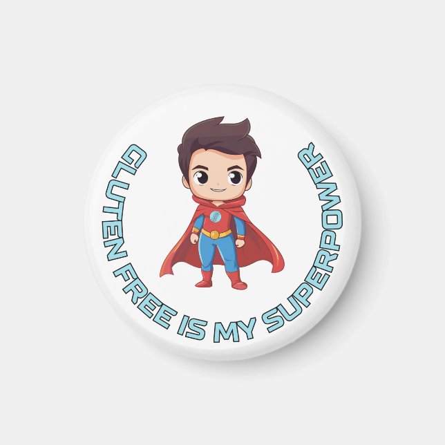 Gluten Free är Min supermakt - Tecknad Hero Celiac Magnet (Framsidan)