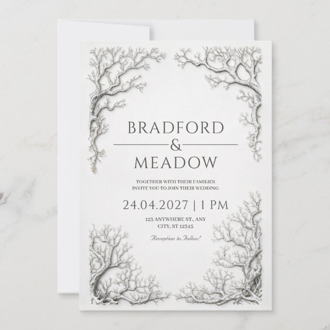 Gnarled Silver Branch Winter Gothic Border Wedding Inbjudningar (Framsida)