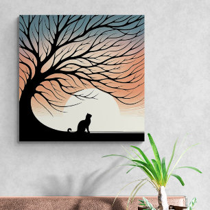 Gnarly Träd Black Cat silhouette i Stigning Sol Canvastryck