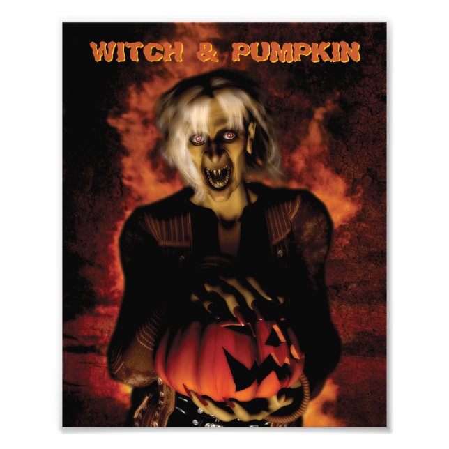Gnisig häxa med pumpa. Halloween Fototryck (Framsidan)