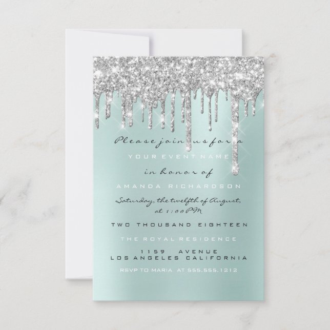 Gnist Glitter Drips Silver Aqua  Bröllop Sweet 16 Inbjudningar (Framsida)