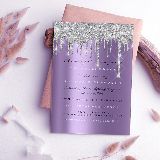 Gnist Glitter Dropp Silver Lila Grå Bröllop 16-års Inbjudningar (Skapare uppladdad)
