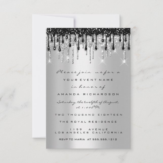 Gnist Glitter Silver Svart Dropp Bröllop Sweet 16 Inbjudningar (Framsida)
