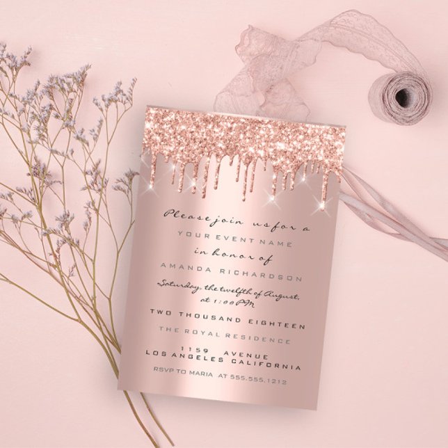 Gnist Gnistdroppar Roséguld Bröllop Sweet 16 Inbjudningar (Spark Glitter Drips Rose Gold Bridal Sweet 16th Invitation)