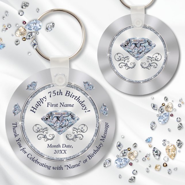 Gnistande Diamant, 75:e Födelsedagsfest Favors. Nyckelring (75th birthday party favors. Personalized party favors for 75th birthday. 75th Birthday Platinum.)