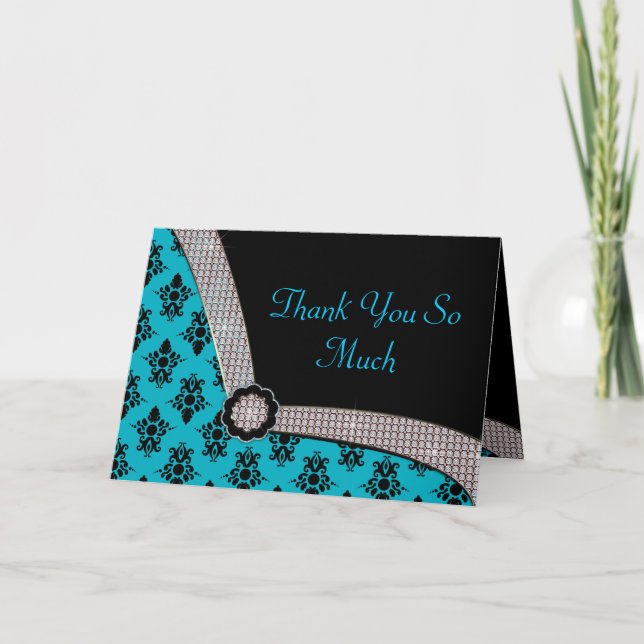 Gnistra av Aqua Blue & Black Damask Gem Tack Kort (Framsida)