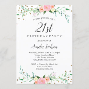 Gnistra av sötad Blommigt Konfetti 21:a födelsedag Inbjudningar