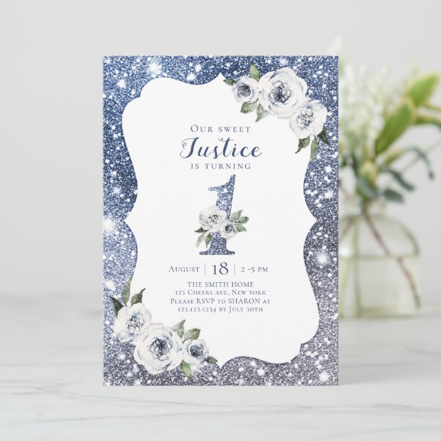 Gnistra blå glitter och blommigt 1:a födelsedag inbjudningar (Stående Fram)