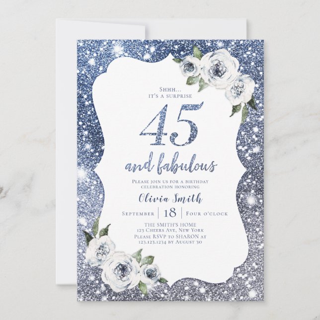 Gnistra blå glitter och blommigt 45 födelsedag inbjudningar (Framsida)