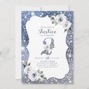 Gnistra blå glitter och blommigt Andra födelsedag Inbjudningar
