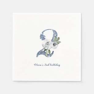 Gnistra blå glitter och blommigt Andra födelsedag Pappersservett