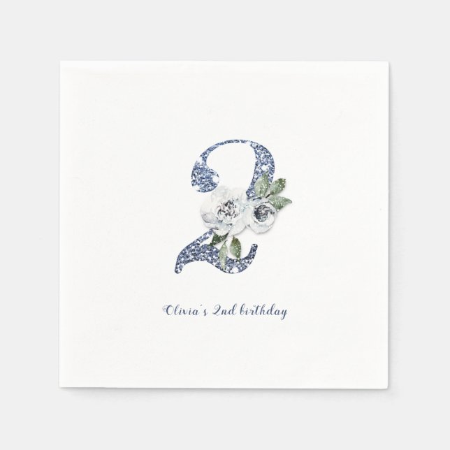 Gnistra blå glitter och blommigt Andra födelsedag Pappersservett (Framsidan)