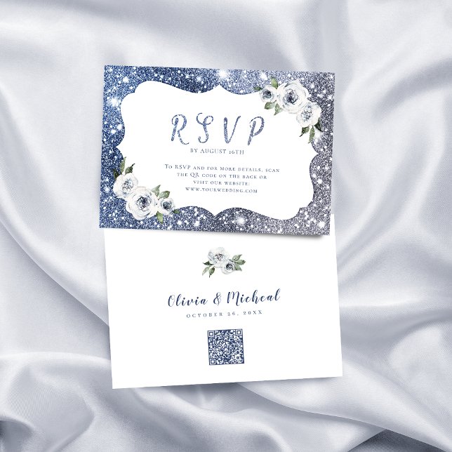 Gnistra blå silver glitter blommigt bröllop QR-kod OSA Kort (Sparkle blue silver glitter floral wedding QR code RSVP Card)