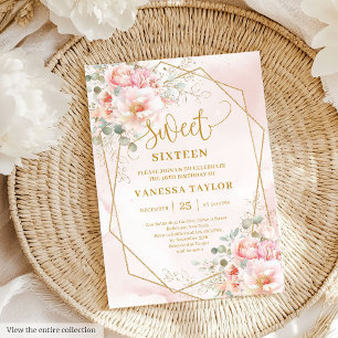 Gnistra Blek Rosa Guld Peonies Sweet 16 Inbjudan