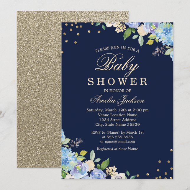 Gnistra Blommigt Blue Guld Boy Baby Shower Inbjudningar (Fram/baksida)