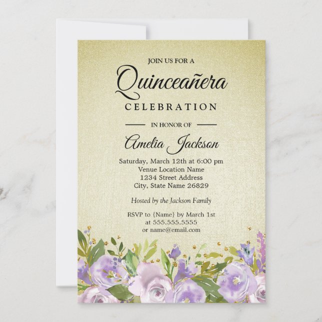Gnistra Blommigt Lila Guld Quinceanera Inbjudan (Framsida)