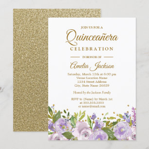 Gnistra Blommigt Lila Guld Quinceanera Inbjudningar