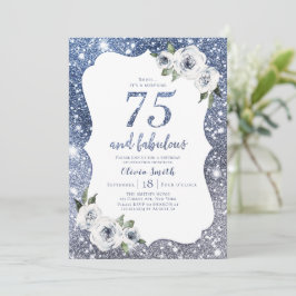 Gnistra Blue glitter och blommigt 75:e födelsedag Inbjudningar