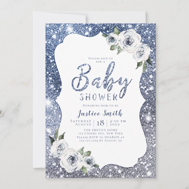 Gnistra Blue glitter och blommigt babydusch Inbjudningar (Framsida)