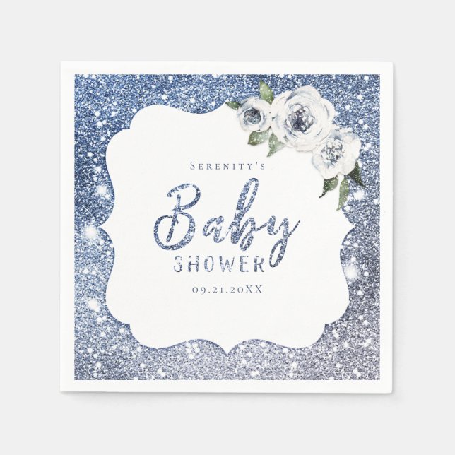Gnistra Blue glitter och blommigt babydusch Pappersservett (Framsidan)