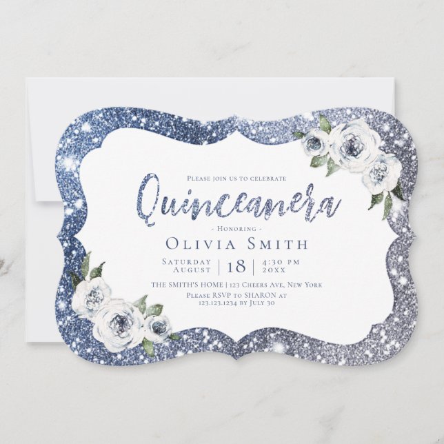 Gnistra blue glitter och blommigt Quinceanera Inbjudningar (Framsida)