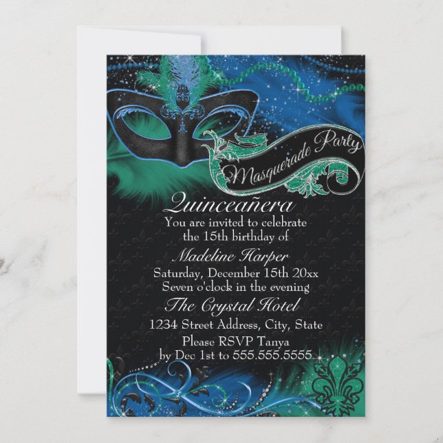 Gnistra Blue & Grönt Mask Masquuppad Quinceanera Inbjudningar (Framsida)