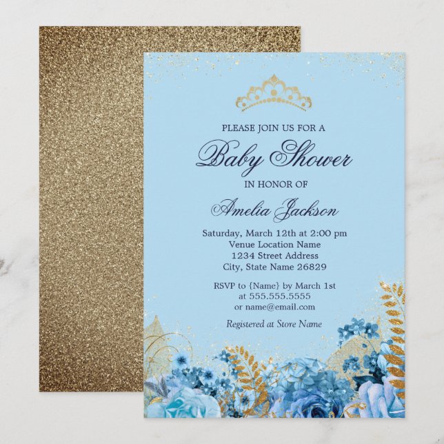 Gnistra Blue Guld Glitter Blommigt Baby Shower för Inbjudningar (Fram/baksida)