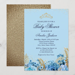 Gnistra Blue Guld Glitter Blommigt Baby Shower för Inbjudningar