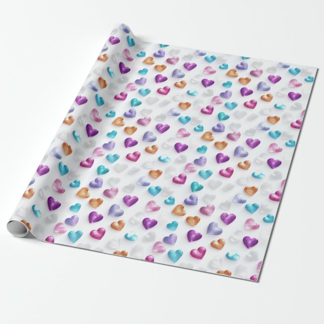 Gnistra Blue, Lila, Guld och Rosa Glitter Hearts Presentpapper (Utrullad)