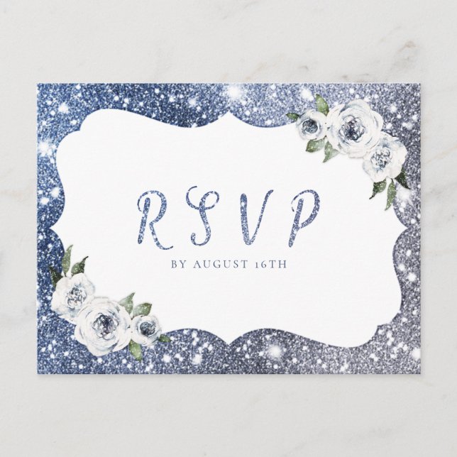 Gnistra Blue silver glitter blommigt bröllop OSA Inbjudan Vykort (Framsida)