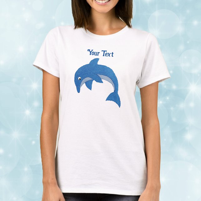 Gnistra Blue White Dolphin i hoppingningsposition T Shirt (Cute jumping dolphin in sparkle blue and white on adult tee shirt.)