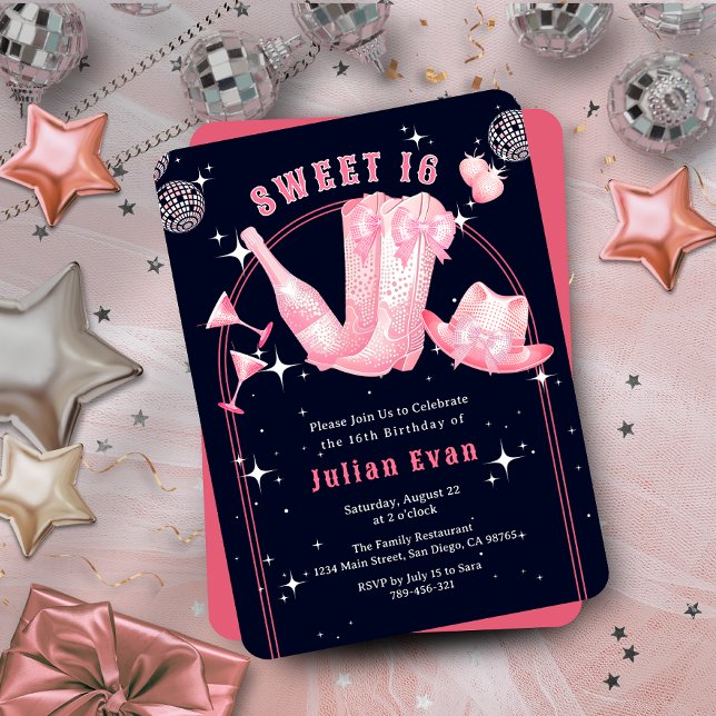 Gnistra Cowgirl Navy Blue & Rosa Sweet 16 Birthday Inbjudningar (Sparkle Cowgirl Navy Blue & Pink Sweet 16 Birthday Invitation)