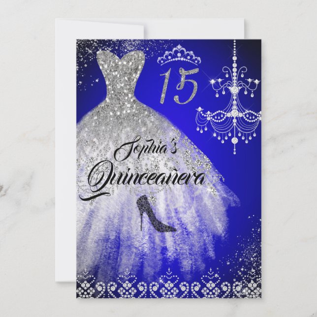 Gnistra Diamond Dress Blue Silver Quinceanera Inbjudningar (Framsida)