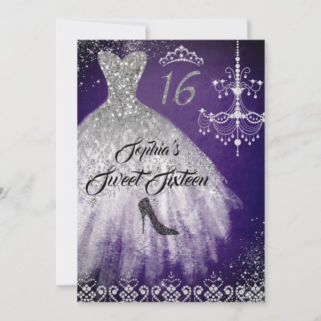 Gnistra Diamond Dress Lila Silver Sweet 16 Inbjudningar (Framsida)