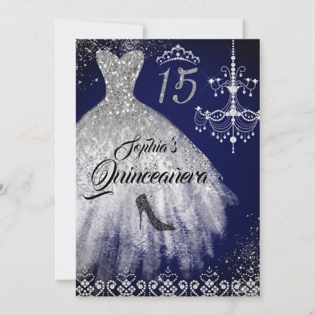 Gnistra Diamond Dress Navy Quinceanera Inbjudningar (Framsida)