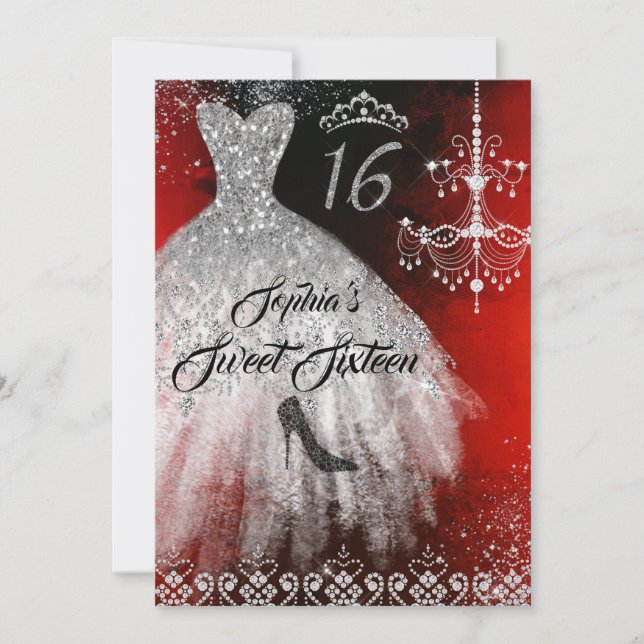 Gnistra Diamond Dress Red Silver Black Sweet 16 Inbjudningar (Framsida)