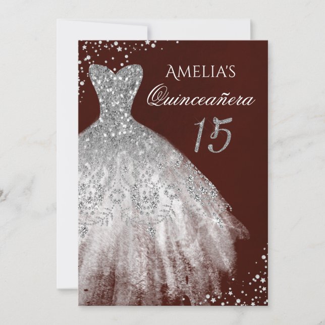 Gnistra Dress Burgundy Silver Quinceanera Inbjudningar (Framsida)