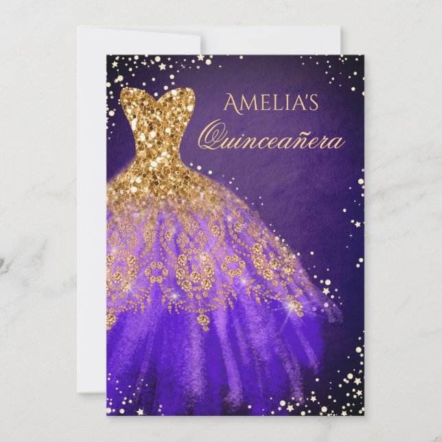 Gnistra Dress Lila Guld Quinceanera-inbjudan Inbjudningar (Framsida)