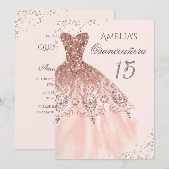 Gnistra Dress Rosa ros Guld Quinceanera Inbjudan (Fram/baksida)