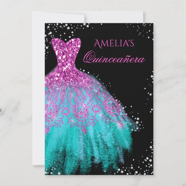 Gnistra Dress Rosa Teal Quinceanera-inbjudan Inbjudningar (Framsida)