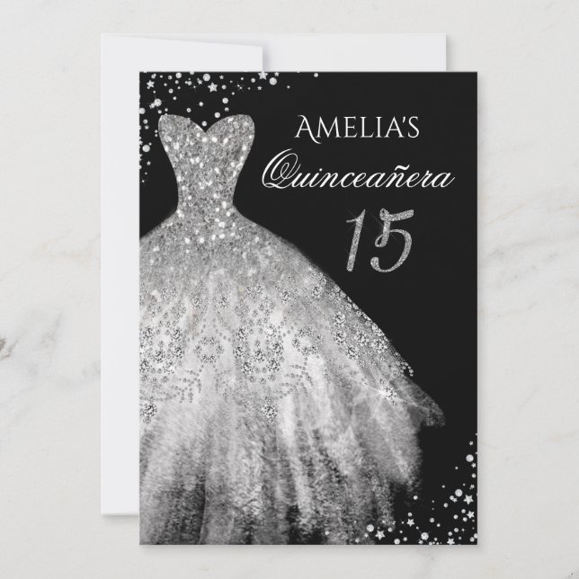 Gnistra Dress Silver Black Quinceanera-inbjudan Inbjudningar (Framsida)