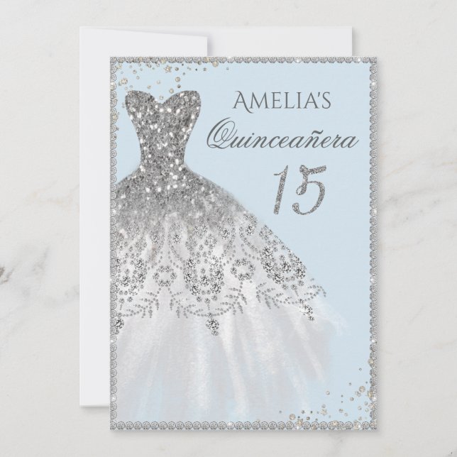 Gnistra Dress Silver Blue Quinceanera-inbjudan Inbjudningar (Framsida)